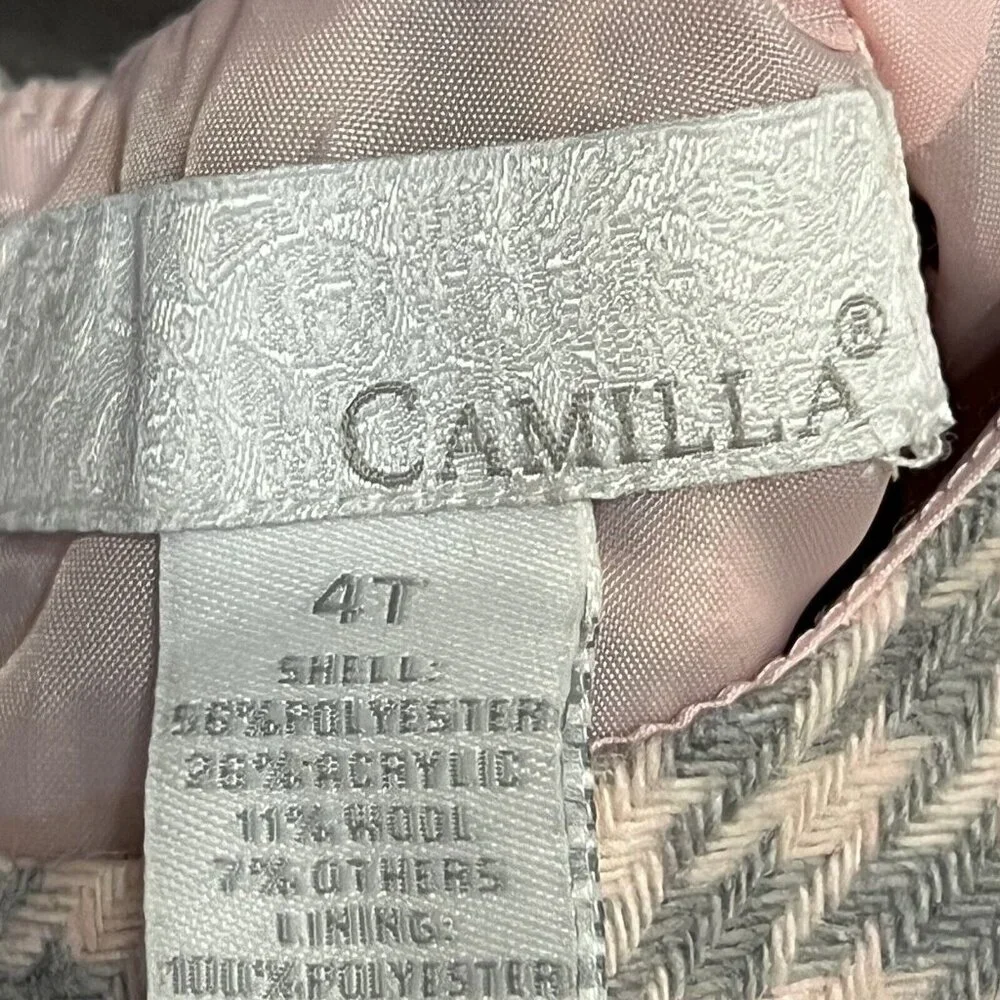 CAMILLA GIRLS BABY PINK GRAY WOOL‎ BLEND HOUNDSTOOTH DRESS AND JACKET SIZE 4T